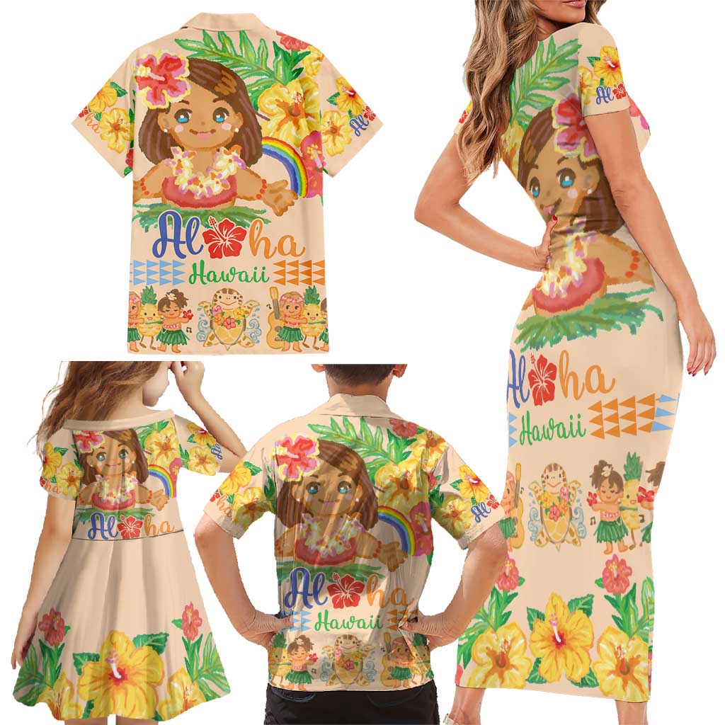 Kawaii Hula Girls Family Matching Short Sleeve Bodycon Dress and Hawaiian Shirt Aloha Hibiscus Flowers LT9 - Polynesian Pride