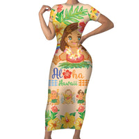 Kawaii Hula Girls Family Matching Short Sleeve Bodycon Dress and Hawaiian Shirt Aloha Hibiscus Flowers LT9 Mom's Dress Nude - Polynesian Pride