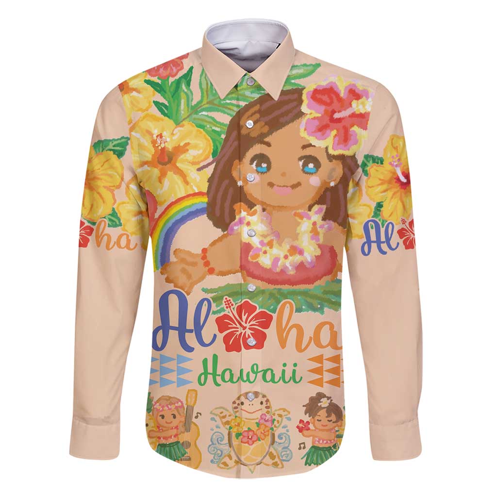Kawaii Hula Girls Family Matching Summer Maxi Dress and Hawaiian Shirt Aloha Hibiscus Flowers LT9 Dad's Shirt - Long Sleeve Nude - Polynesian Pride