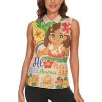 Kawaii Hula Girls Women Sleeveless Polo Shirt Aloha Hibiscus Flowers