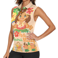 Kawaii Hula Girls Women Sleeveless Polo Shirt Aloha Hibiscus Flowers