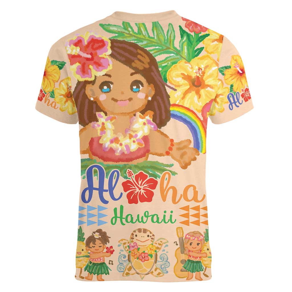 Kawaii Hula Girls Women V-Neck T-Shirt Aloha Hibiscus Flowers