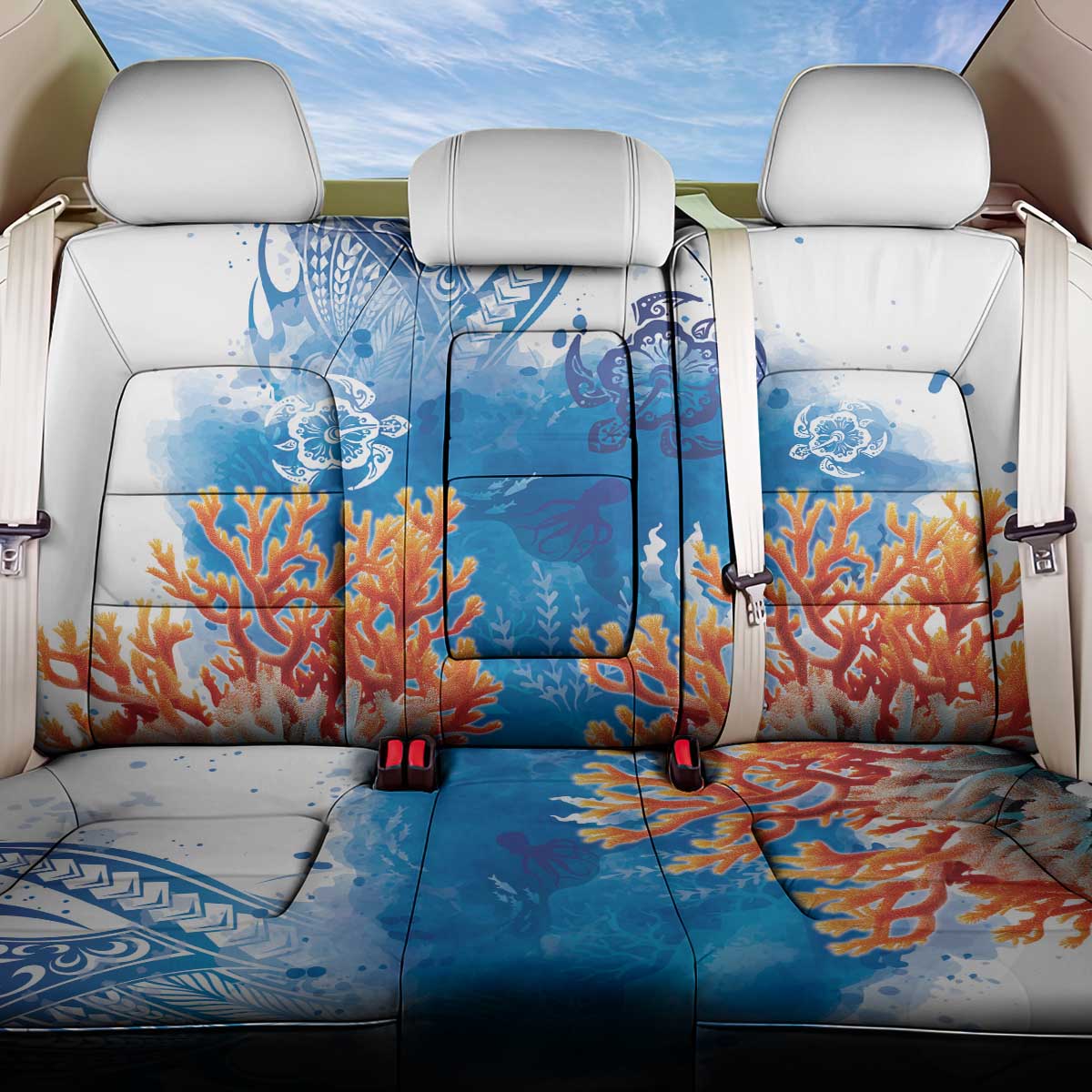 Hibiscus Turtle Tattoo Coral Reef Back Car Seat Cover with Polynesian Tribal LT9 One Size White - Polynesian Pride