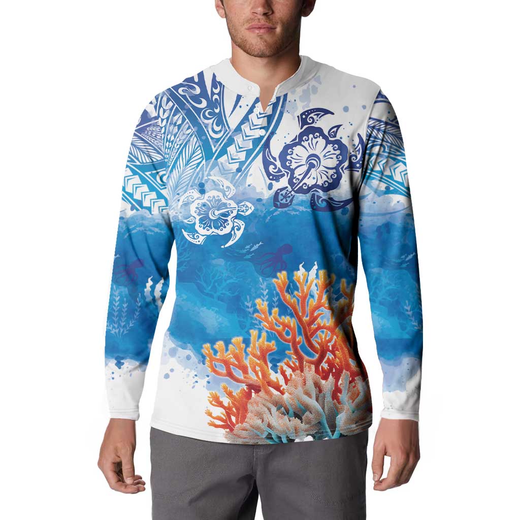 Hibiscus Turtle Tattoo Coral Reef Button Sweatshirt with Polynesian Tribal