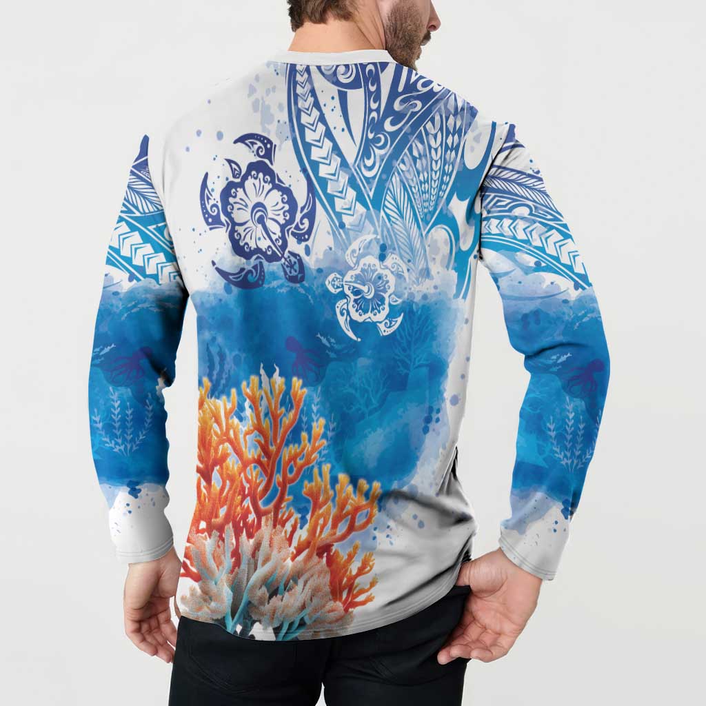 Hibiscus Turtle Tattoo Coral Reef Button Sweatshirt with Polynesian Tribal