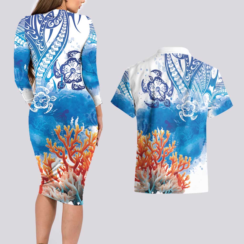 Hibiscus Turtle Tattoo Coral Reef Couples Matching Long Sleeve Bodycon Dress and Hawaiian Shirt with Polynesian Tribal LT9 - Polynesian Pride