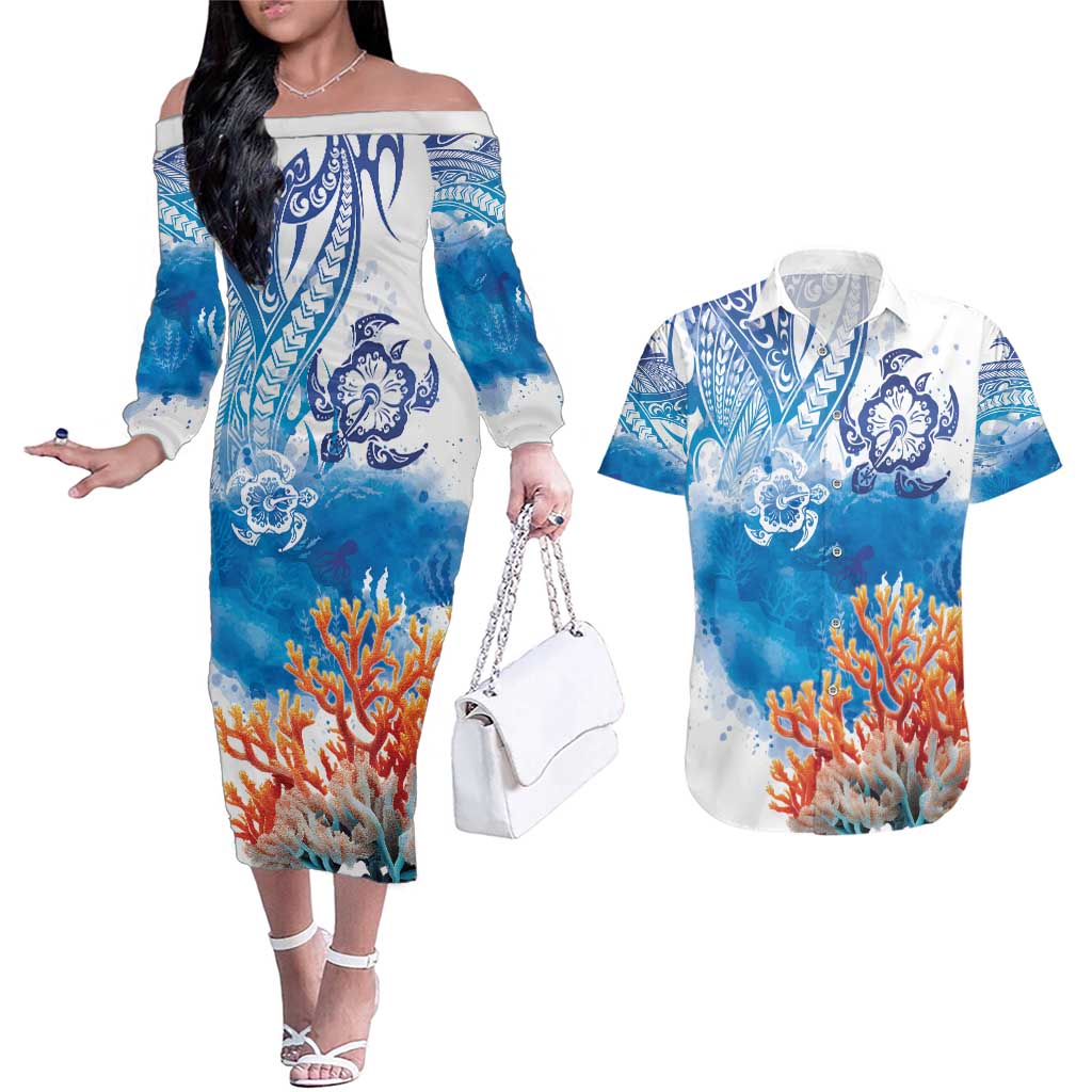 Hibiscus Turtle Tattoo Coral Reef Couples Matching Off The Shoulder Long Sleeve Dress and Hawaiian Shirt with Polynesian Tribal LT9 White - Polynesian Pride