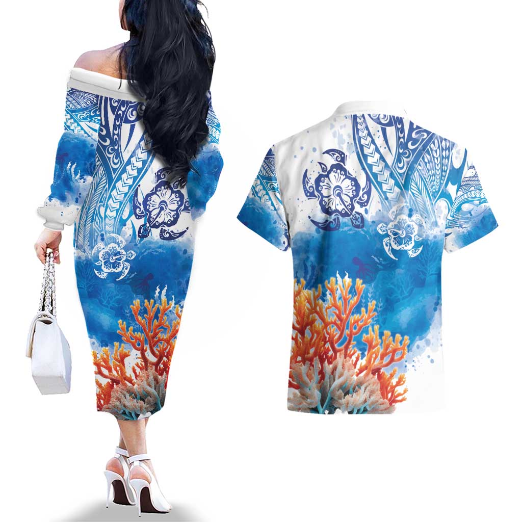 Hibiscus Turtle Tattoo Coral Reef Couples Matching Off The Shoulder Long Sleeve Dress and Hawaiian Shirt with Polynesian Tribal LT9 - Polynesian Pride