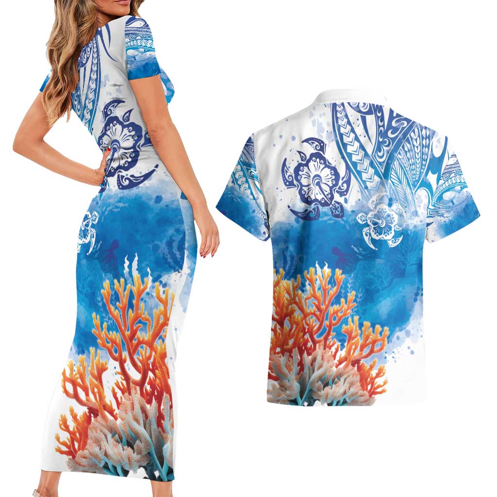 Hibiscus Turtle Tattoo Coral Reef Couples Matching Short Sleeve Bodycon Dress and Hawaiian Shirt with Polynesian Tribal LT9 - Polynesian Pride
