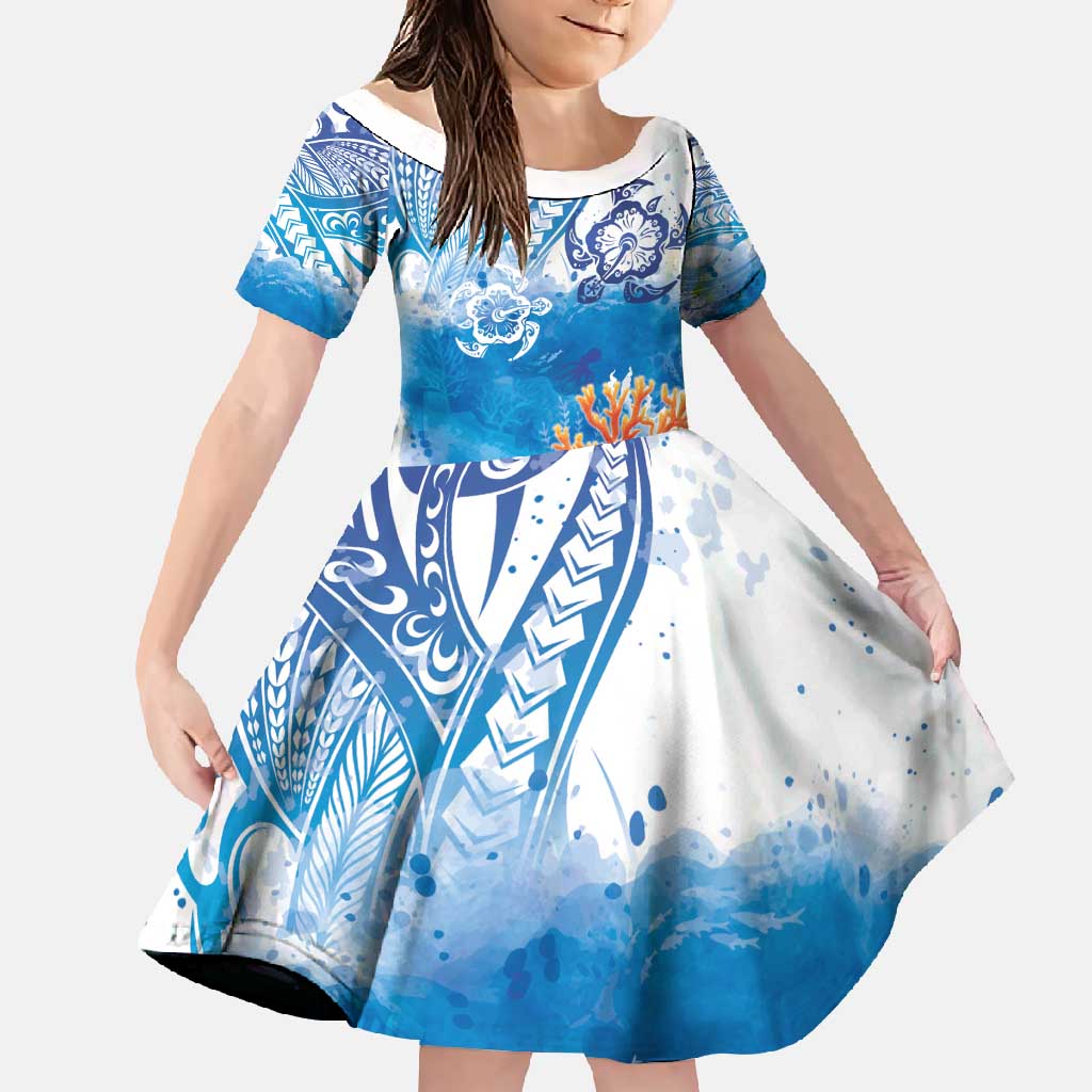 Hibiscus Turtle Tattoo Coral Reef Family Matching Long Sleeve Bodycon Dress and Hawaiian Shirt with Polynesian Tribal LT9 Daughter's Dress White - Polynesian Pride