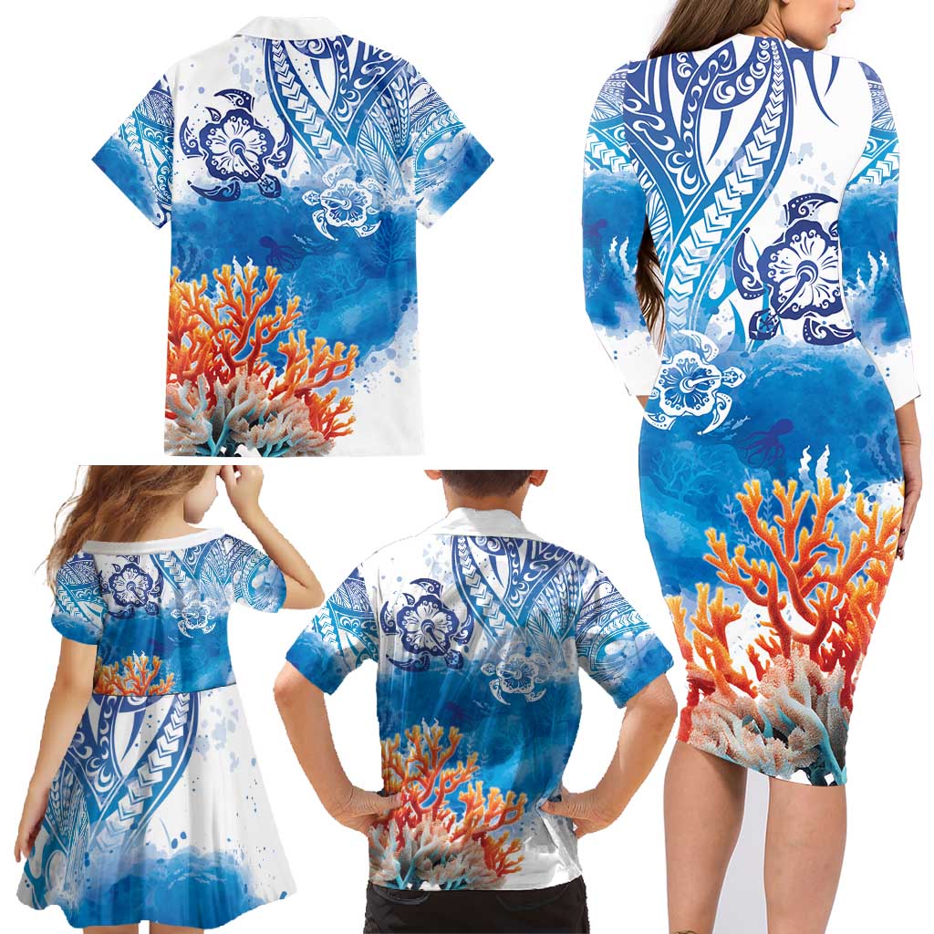 Hibiscus Turtle Tattoo Coral Reef Family Matching Long Sleeve Bodycon Dress and Hawaiian Shirt with Polynesian Tribal LT9 - Polynesian Pride