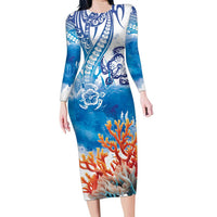 Hibiscus Turtle Tattoo Coral Reef Family Matching Long Sleeve Bodycon Dress and Hawaiian Shirt with Polynesian Tribal LT9 Mom's Dress White - Polynesian Pride