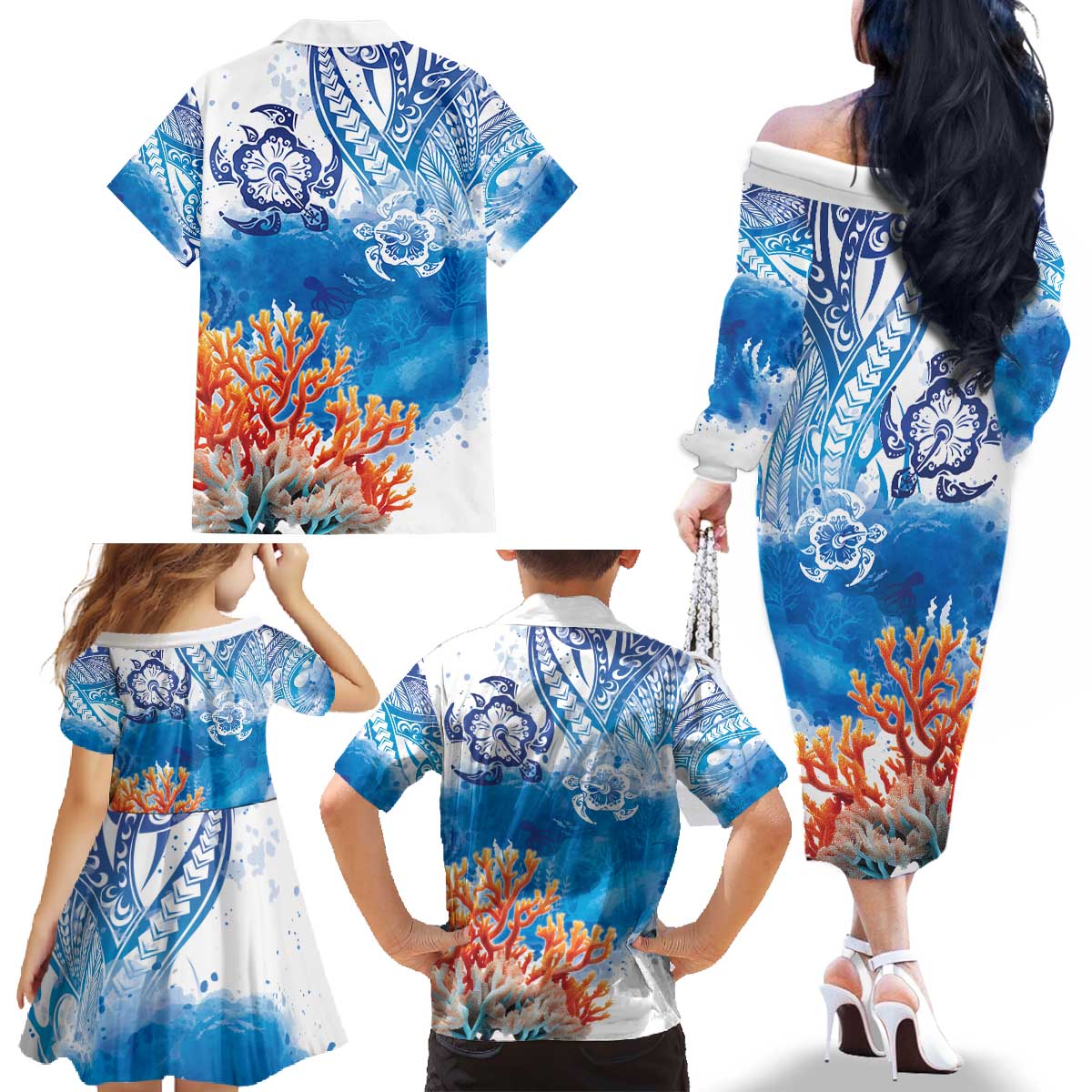 Hibiscus Turtle Tattoo Coral Reef Family Matching Off The Shoulder Long Sleeve Dress and Hawaiian Shirt with Polynesian Tribal LT9 - Polynesian Pride