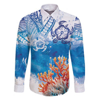 Hibiscus Turtle Tattoo Coral Reef Family Matching Off The Shoulder Long Sleeve Dress and Hawaiian Shirt with Polynesian Tribal LT9 Dad's Shirt - Long Sleeve White - Polynesian Pride