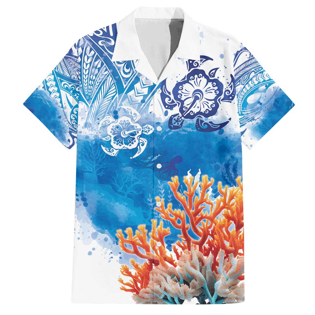 Hibiscus Turtle Tattoo Coral Reef Family Matching Off Shoulder Maxi Dress and Hawaiian Shirt with Polynesian Tribal LT9 Dad's Shirt - Short Sleeve White - Polynesian Pride