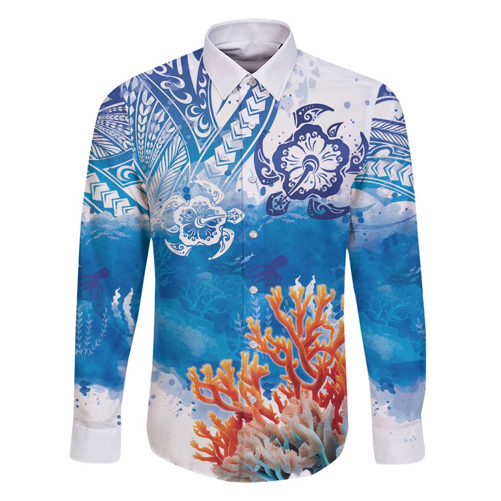 Hibiscus Turtle Tattoo Coral Reef Family Matching Off Shoulder Maxi Dress and Hawaiian Shirt with Polynesian Tribal LT9 Dad's Shirt - Long Sleeve White - Polynesian Pride