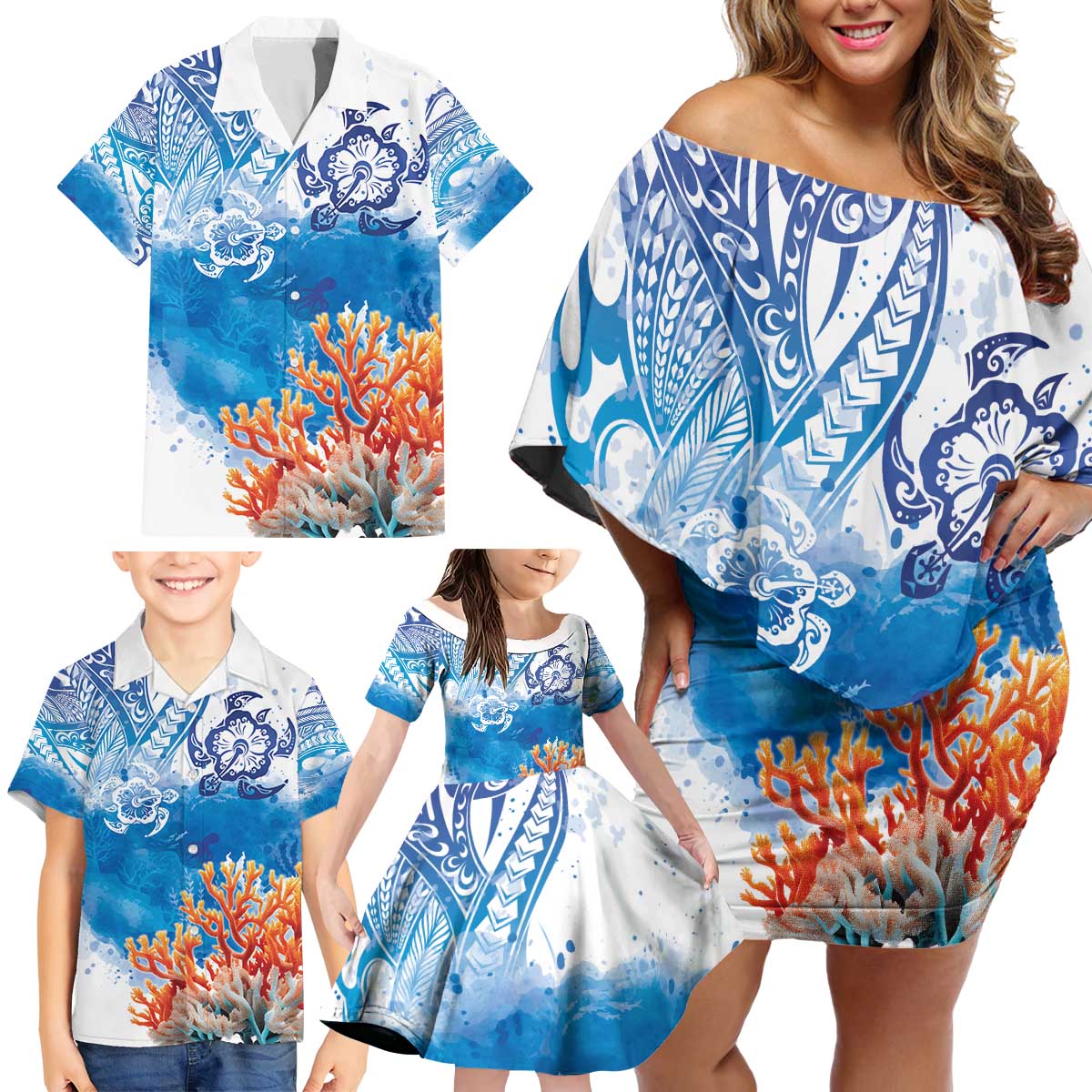 Hibiscus Turtle Tattoo Coral Reef Family Matching Off Shoulder Short Dress and Hawaiian Shirt with Polynesian Tribal LT9 - Polynesian Pride