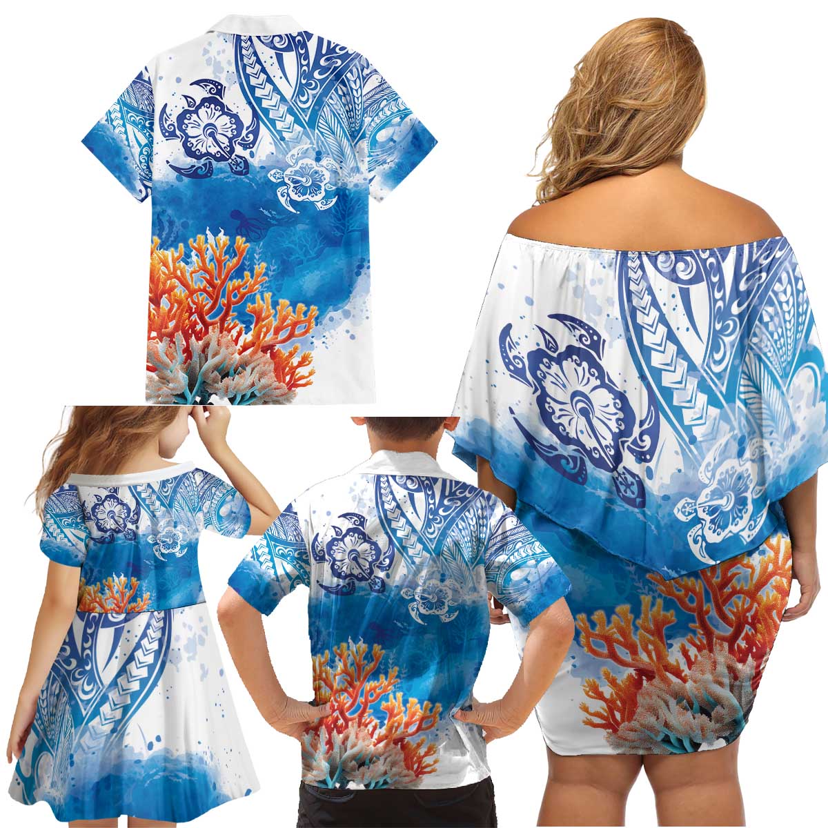 Hibiscus Turtle Tattoo Coral Reef Family Matching Off Shoulder Short Dress and Hawaiian Shirt with Polynesian Tribal LT9 - Polynesian Pride