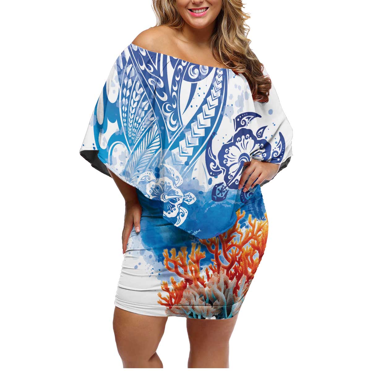 Hibiscus Turtle Tattoo Coral Reef Family Matching Off Shoulder Short Dress and Hawaiian Shirt with Polynesian Tribal LT9 Mom's Dress White - Polynesian Pride