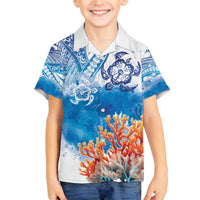 Hibiscus Turtle Tattoo Coral Reef Family Matching Off Shoulder Short Dress and Hawaiian Shirt with Polynesian Tribal LT9 Son's Shirt White - Polynesian Pride