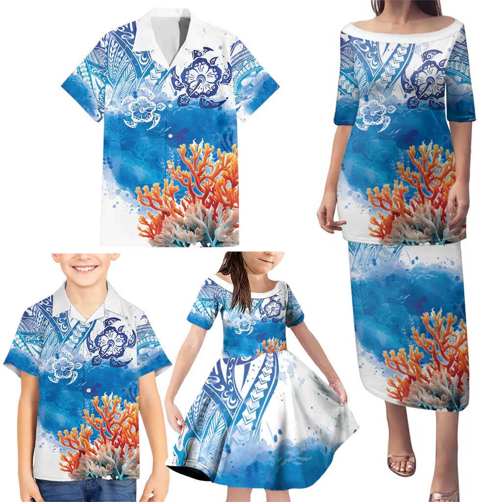 Hibiscus Turtle Tattoo Coral Reef Family Matching Puletasi and Hawaiian Shirt with Polynesian Tribal LT9 - Polynesian Pride