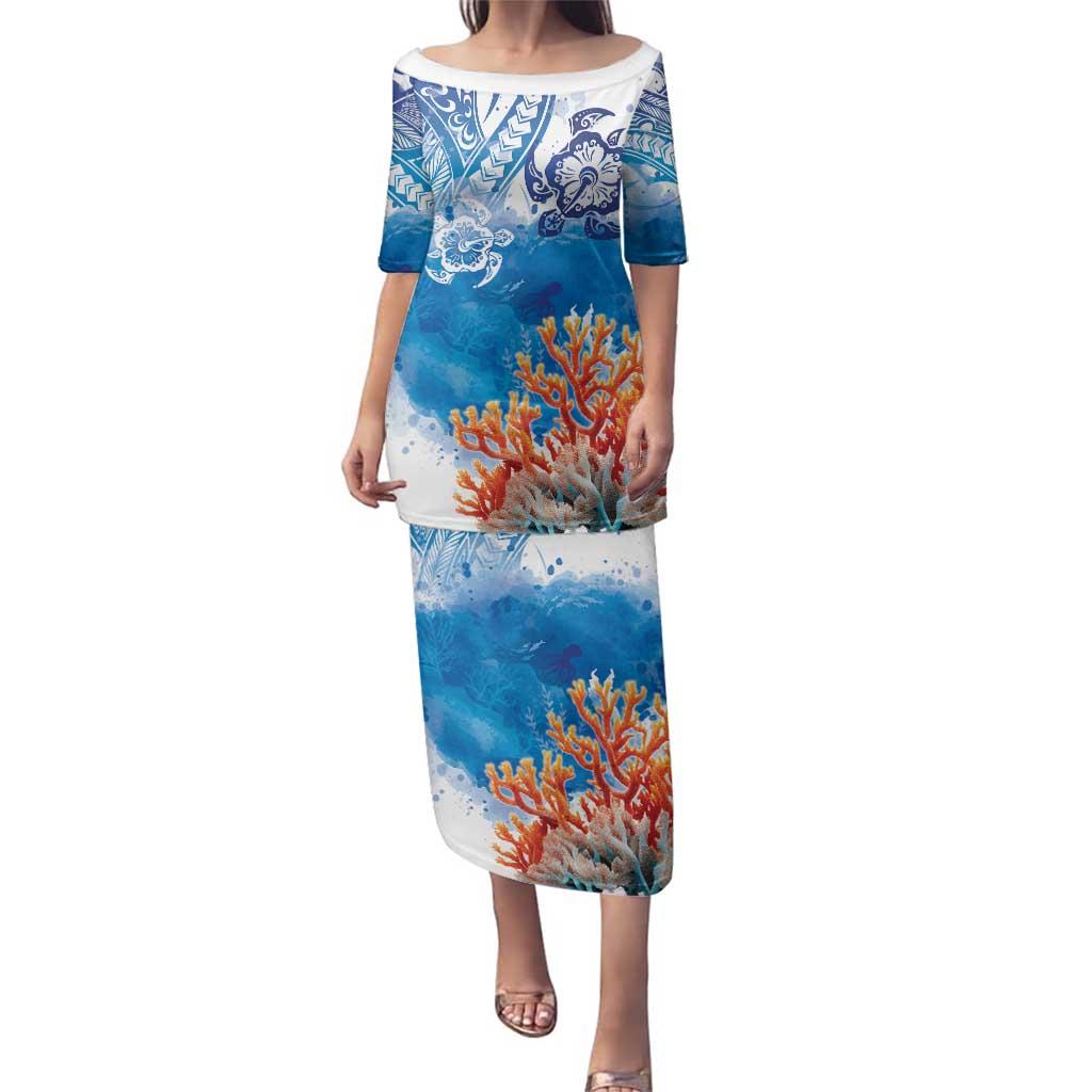 Hibiscus Turtle Tattoo Coral Reef Family Matching Puletasi and Hawaiian Shirt with Polynesian Tribal LT9 Mom's Dress White - Polynesian Pride