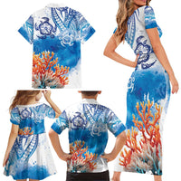 Hibiscus Turtle Tattoo Coral Reef Family Matching Short Sleeve Bodycon Dress and Hawaiian Shirt with Polynesian Tribal LT9 - Polynesian Pride