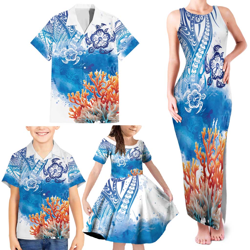 Hibiscus Turtle Tattoo Coral Reef Family Matching Tank Maxi Dress and Hawaiian Shirt with Polynesian Tribal LT9 - Polynesian Pride