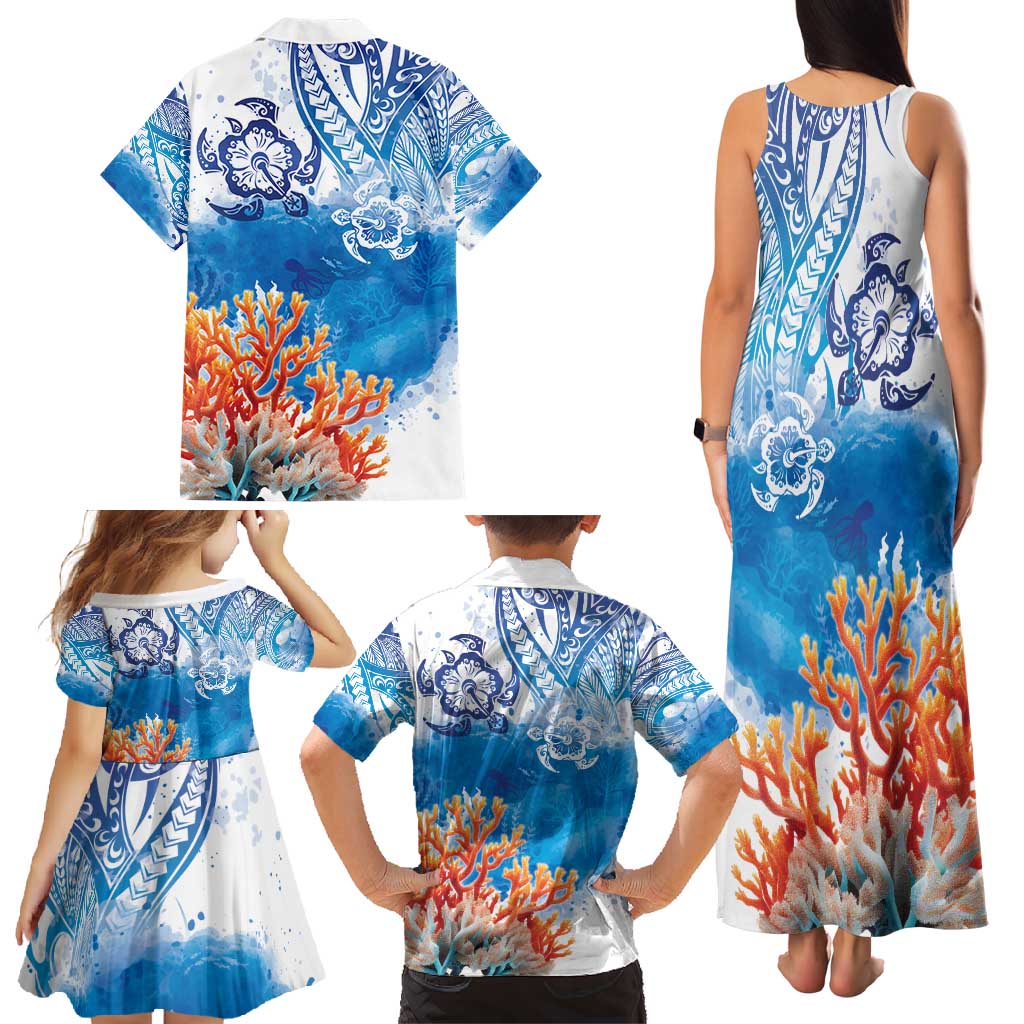 Hibiscus Turtle Tattoo Coral Reef Family Matching Tank Maxi Dress and Hawaiian Shirt with Polynesian Tribal LT9 - Polynesian Pride