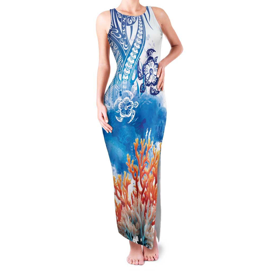 Hibiscus Turtle Tattoo Coral Reef Family Matching Tank Maxi Dress and Hawaiian Shirt with Polynesian Tribal LT9 Mom's Dress White - Polynesian Pride