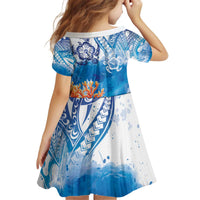 Hibiscus Turtle Tattoo Coral Reef Kid Short Sleeve Dress with Polynesian Tribal