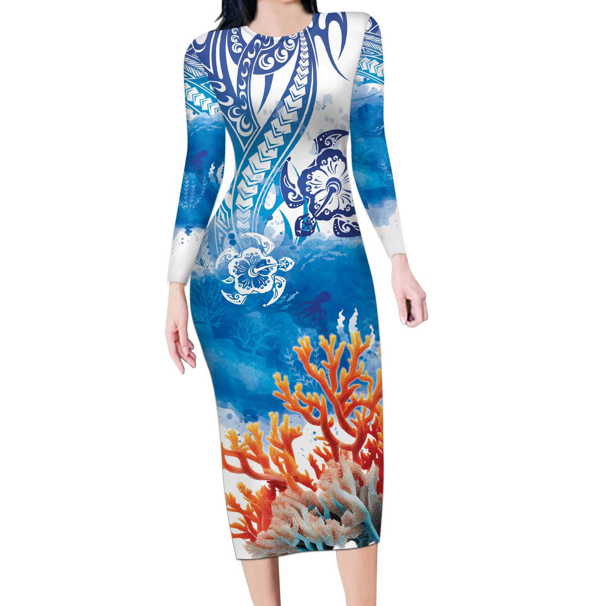 Hibiscus Turtle Tattoo Coral Reef Long Sleeve Bodycon Dress with Polynesian Tribal