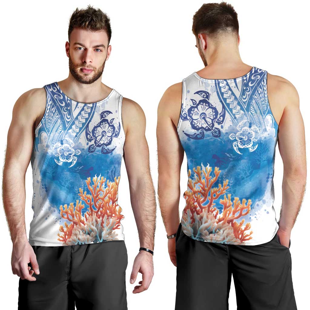 Hibiscus Turtle Tattoo Coral Reef Men Tank Top with Polynesian Tribal