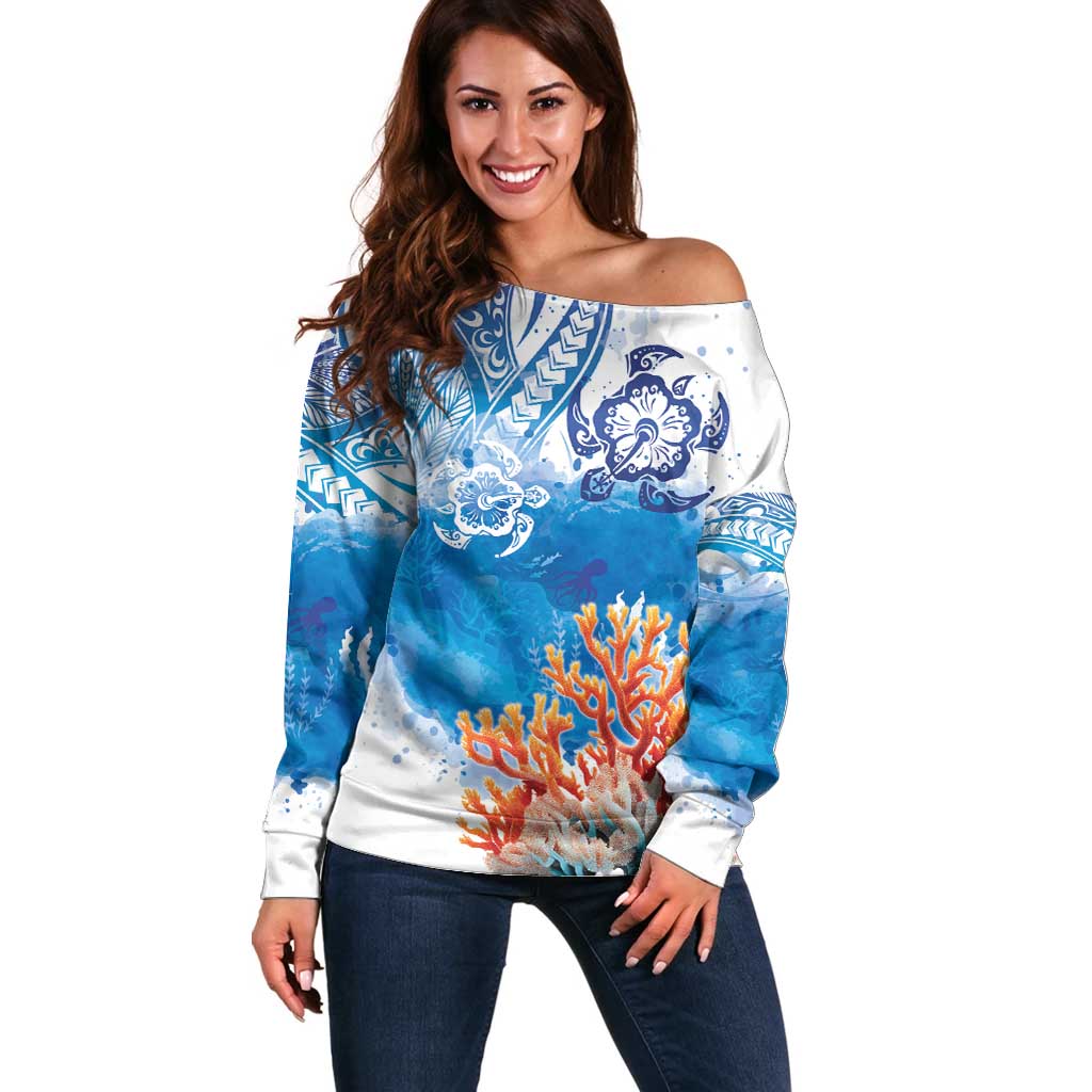 Hibiscus Turtle Tattoo Coral Reef Off Shoulder Sweater with Polynesian Tribal LT9 Women White - Polynesian Pride