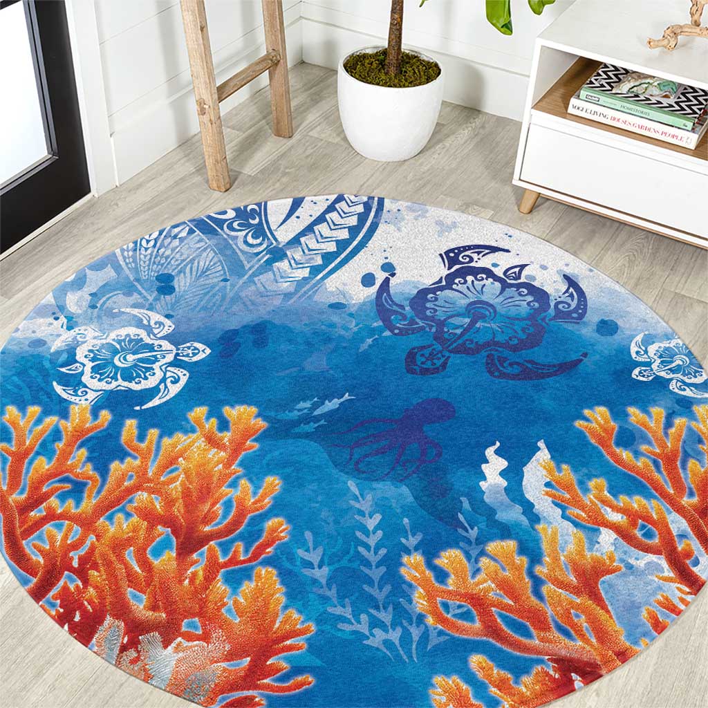 Hibiscus Turtle Tattoo Coral Reef Round Carpet with Polynesian Tribal LT9 White - Polynesian Pride