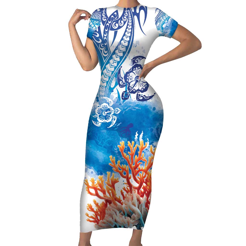 Hibiscus Turtle Tattoo Coral Reef Short Sleeve Bodycon Dress with Polynesian Tribal LT9 Long Dress White - Polynesian Pride