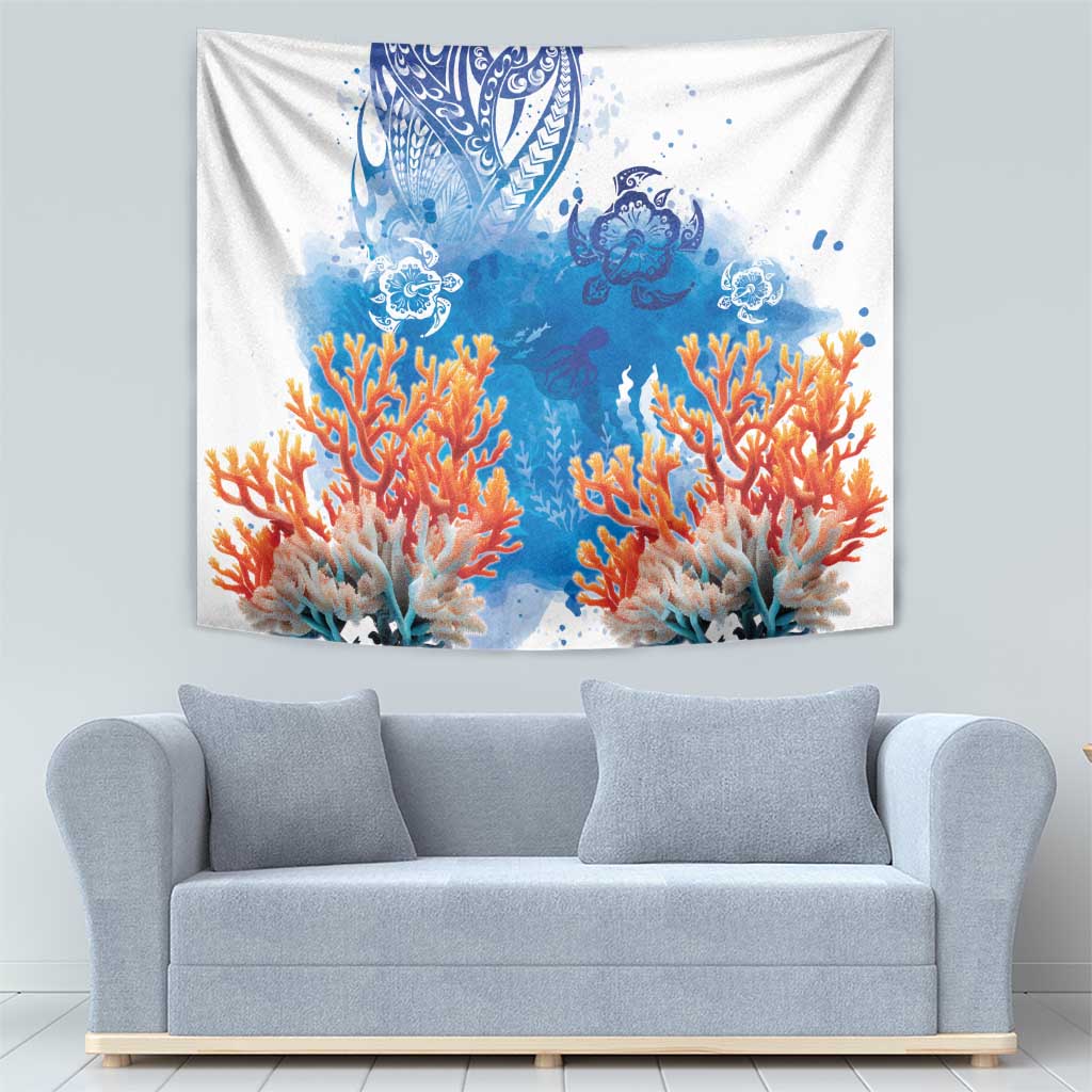 Hibiscus Turtle Tattoo Coral Reef Tapestry with Polynesian Tribal