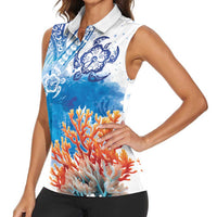 Hibiscus Turtle Tattoo Coral Reef Women Sleeveless Polo Shirt with Polynesian Tribal