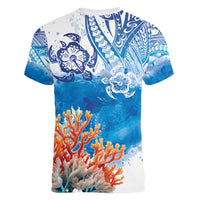 Hibiscus Turtle Tattoo Coral Reef Women V-Neck T-Shirt with Polynesian Tribal