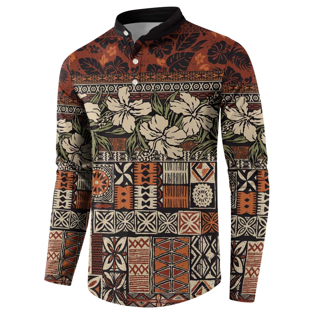 Pacific Hibiscus Tapa Tribal Vintage Button Sweatshirt Brown Motif