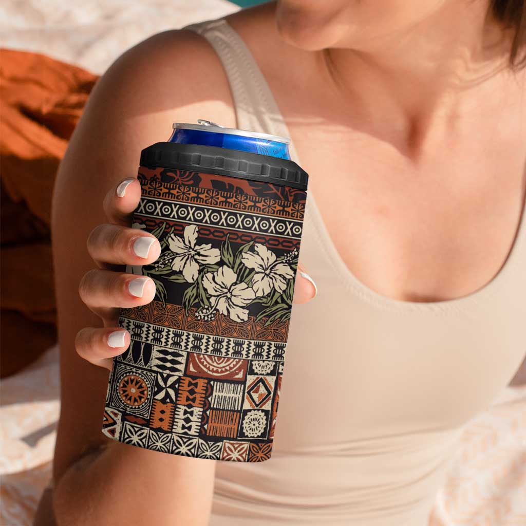 Pacific Hibiscus Tapa Tribal Vintage 4 in 1 Can Cooler Tumbler Brown Motif