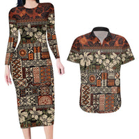 Pacific Hibiscus Tapa Tribal Vintage Couples Matching Long Sleeve Bodycon Dress and Hawaiian Shirt Brown Motif LT9 Brown - Polynesian Pride