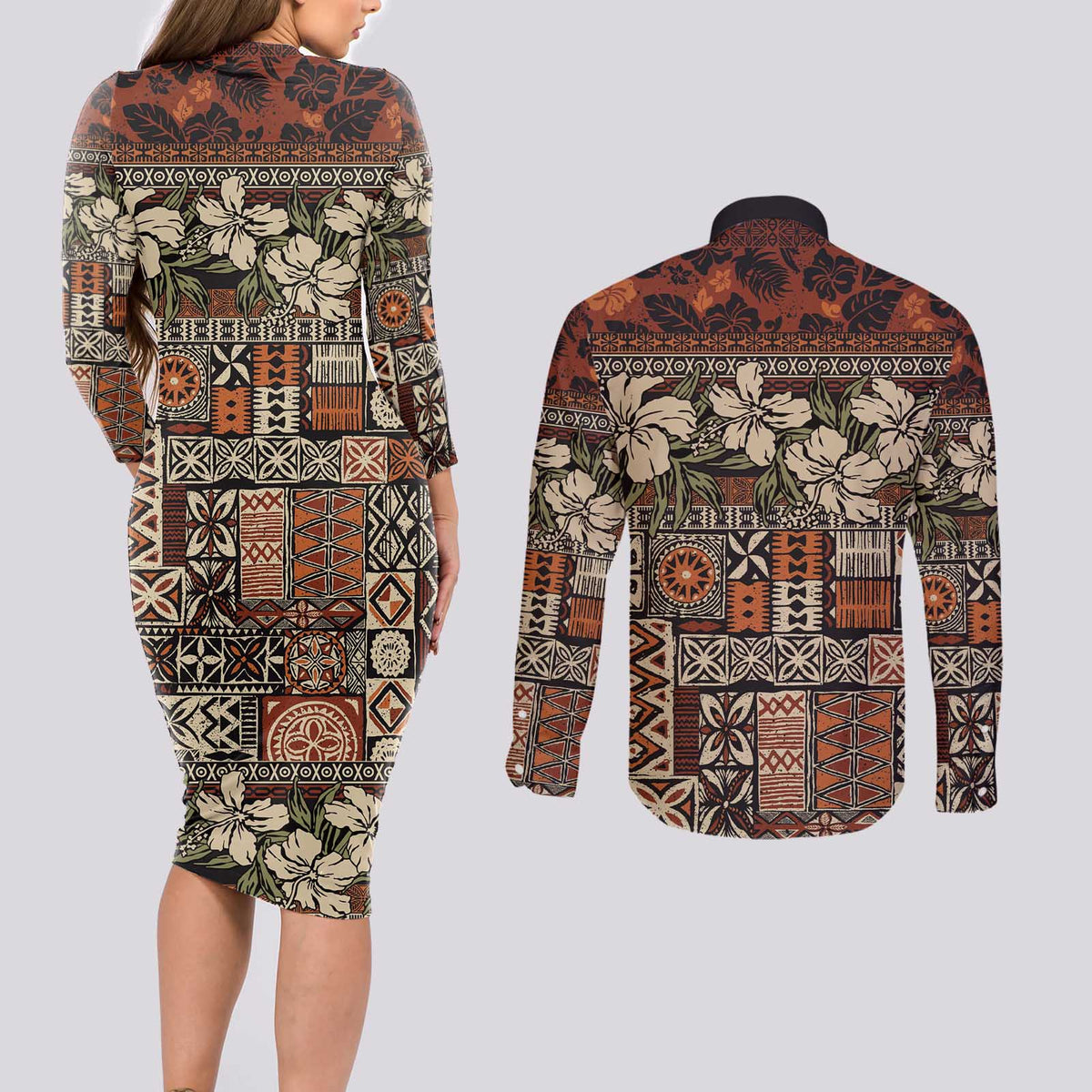 Pacific Hibiscus Tapa Tribal Vintage Couples Matching Long Sleeve Bodycon Dress and Long Sleeve Button Shirt Brown Motif LT9 - Polynesian Pride