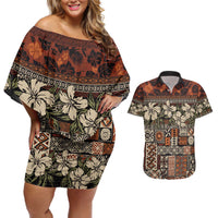 Pacific Hibiscus Tapa Tribal Vintage Couples Matching Off Shoulder Short Dress and Hawaiian Shirt Brown Motif LT9 Brown - Polynesian Pride