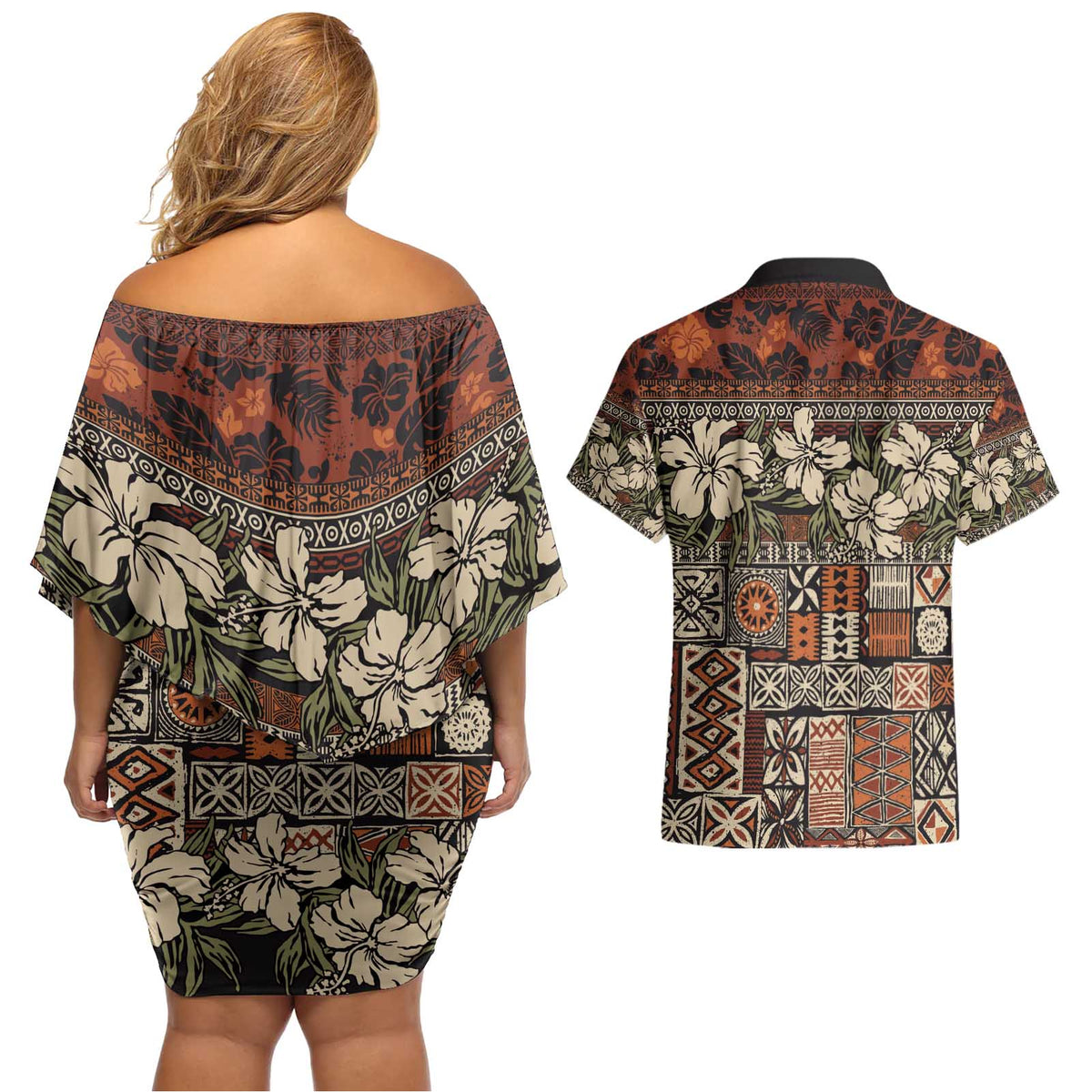 Pacific Hibiscus Tapa Tribal Vintage Couples Matching Off Shoulder Short Dress and Hawaiian Shirt Brown Motif LT9 - Polynesian Pride