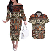 Pacific Hibiscus Tapa Tribal Vintage Couples Matching Off The Shoulder Long Sleeve Dress and Hawaiian Shirt Brown Motif LT9 Brown - Polynesian Pride