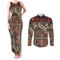 Pacific Hibiscus Tapa Tribal Vintage Couples Matching Tank Maxi Dress and Long Sleeve Button Shirt Brown Motif LT9 Brown - Polynesian Pride