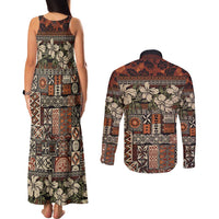 Pacific Hibiscus Tapa Tribal Vintage Couples Matching Tank Maxi Dress and Long Sleeve Button Shirt Brown Motif LT9 - Polynesian Pride