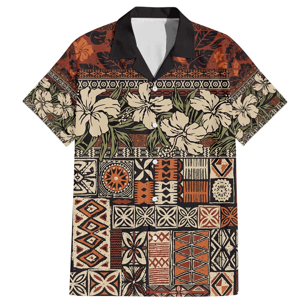 Pacific Hibiscus Tapa Tribal Vintage Family Matching Long Sleeve Bodycon Dress and Hawaiian Shirt Brown Motif LT9 Dad's Shirt - Short Sleeve Brown - Polynesian Pride