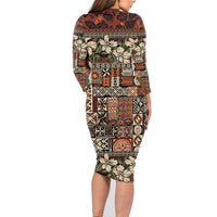 Pacific Hibiscus Tapa Tribal Vintage Family Matching Long Sleeve Bodycon Dress and Hawaiian Shirt Brown Motif LT9 - Polynesian Pride